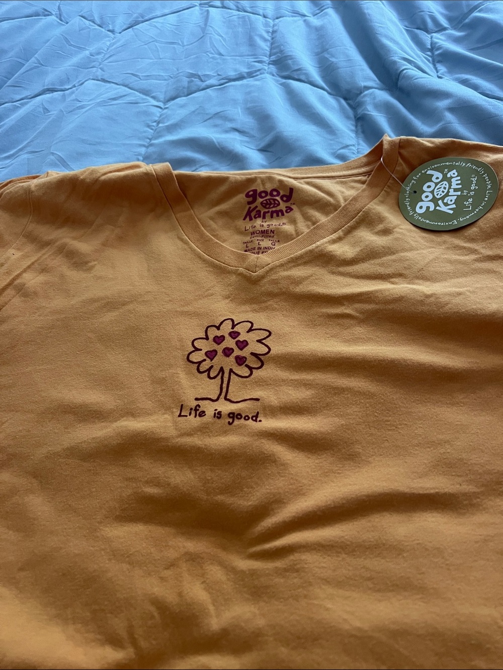 Life Is Good Peach V-Neck Long Sleeve Tee with Heart Tree Graphic